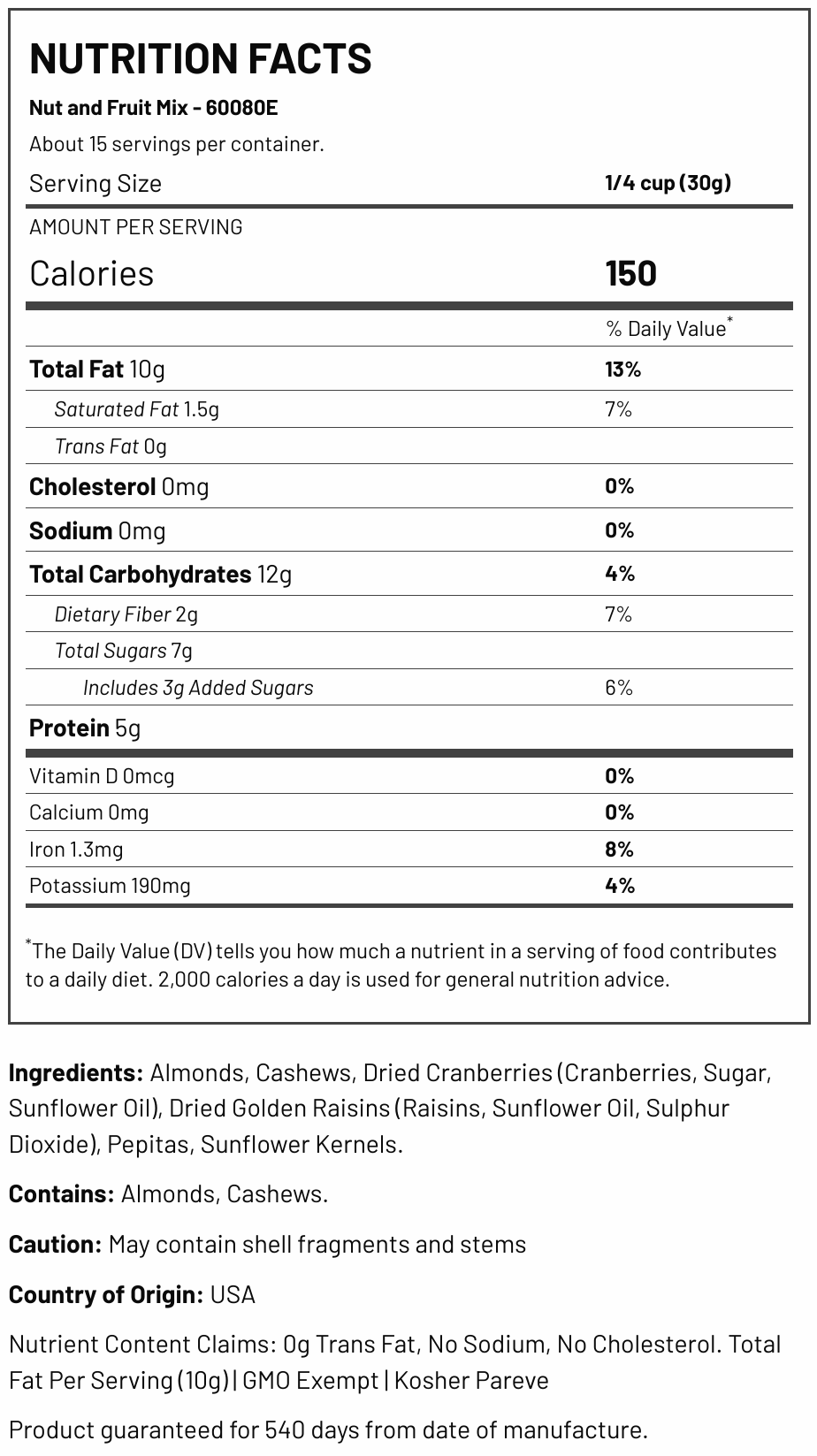 Nut and Fruit Mix Nutrition Facts